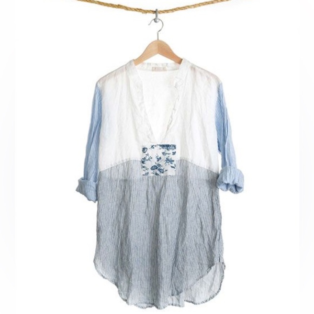 CP Shades 100% Linen Wyatt Patchwork Tunic Dress Coastal Floral Stripe.   20